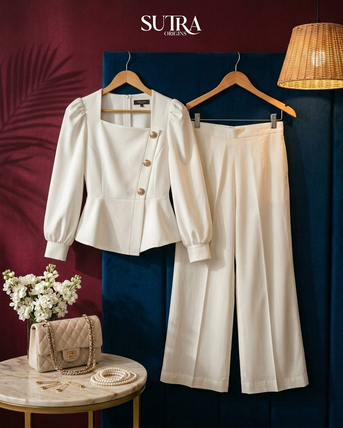 Ivory Asymmetric Peplum Top & Wide-Leg Trousers Set