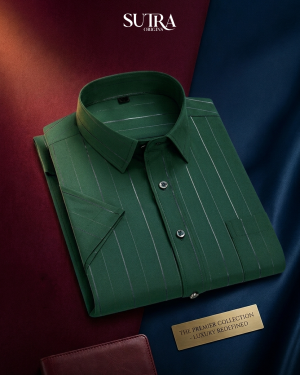 Emerald Green Metallic Pinstripe Short Sleeve Shirt