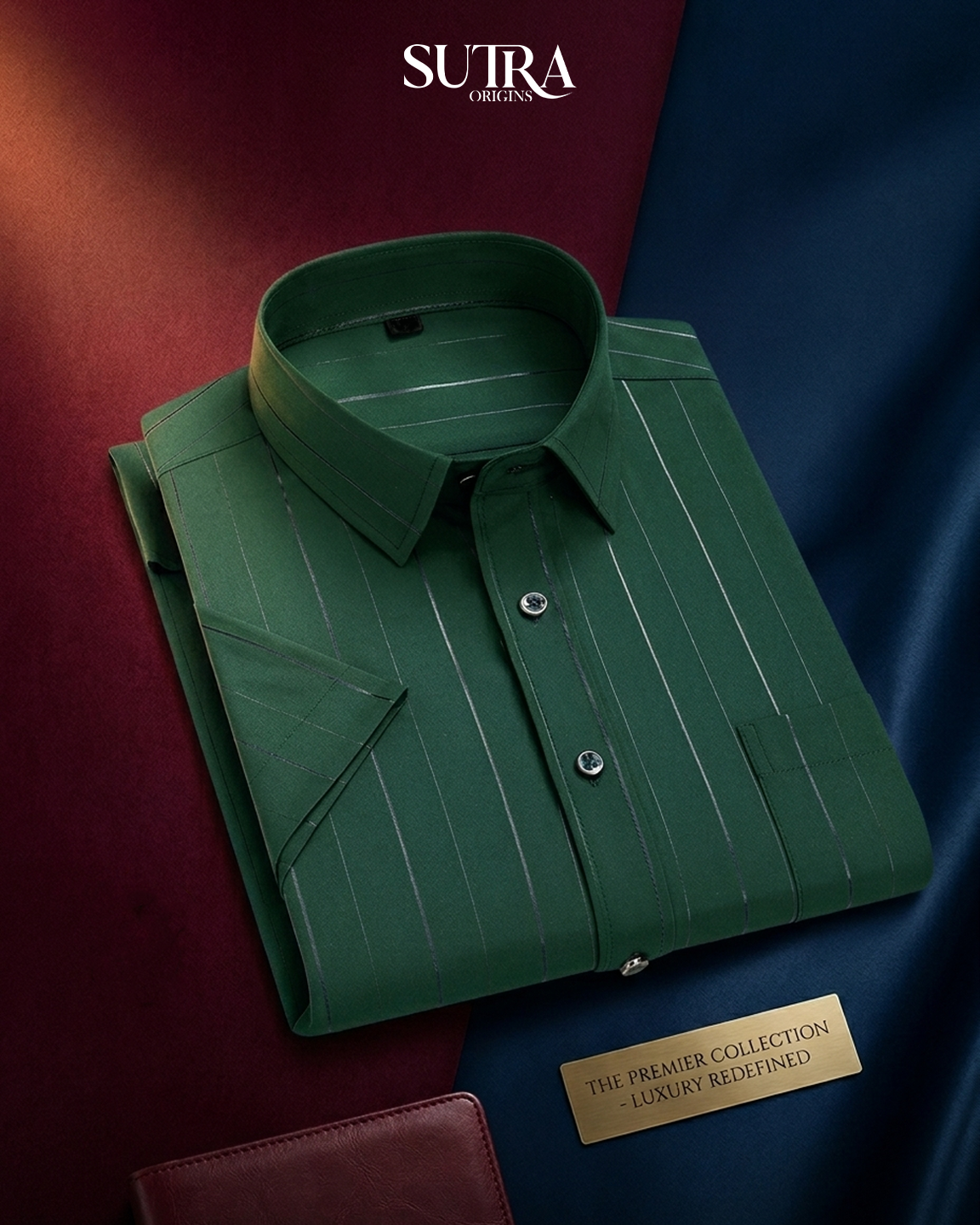 Emerald Green Metallic Pinstripe Short Sleeve Shirt