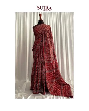 Red Cotton Silk Ajrakh Printed Saree