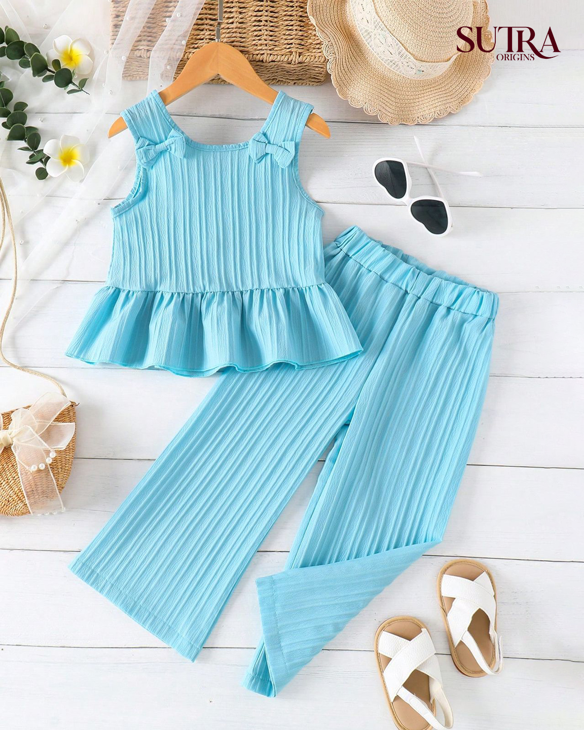 Girls' Sky Blue Crinkle Textured 2-Piece Co-ord Set