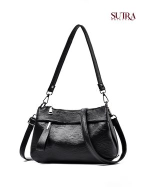 Elegant Lychee Texture Three-Layer Convertible Shoulder & Crossbody Black Bag
