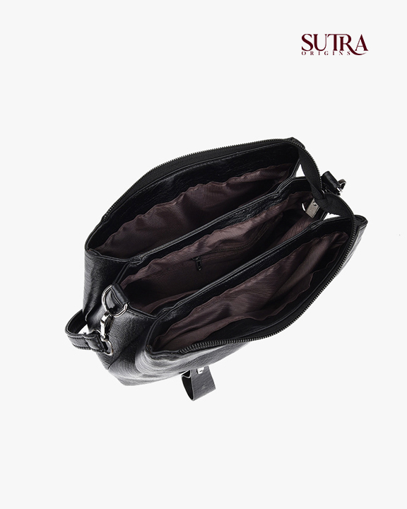 Elegant Lychee Texture Three-Layer Convertible Shoulder & Crossbody Black Bag - Image 2