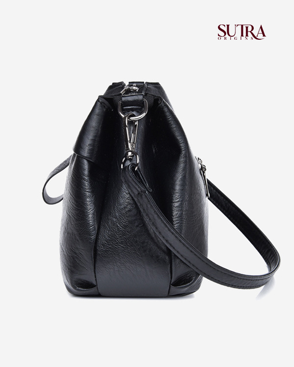 Elegant Lychee Texture Three-Layer Convertible Shoulder & Crossbody Black Bag - Image 4