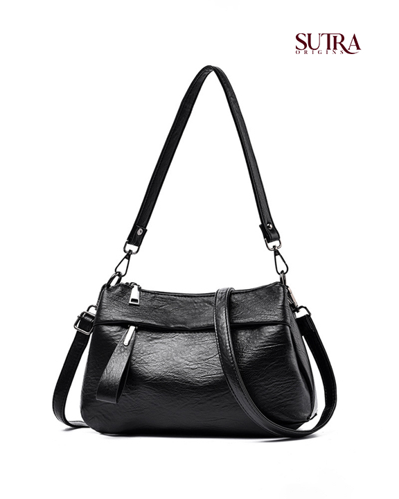 Elegant Lychee Texture Three-Layer Convertible Shoulder & Crossbody Black Bag