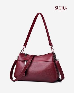 Elegant Lychee Texture Three-Layer Convertible Shoulder & Crossbody Maroon Bag